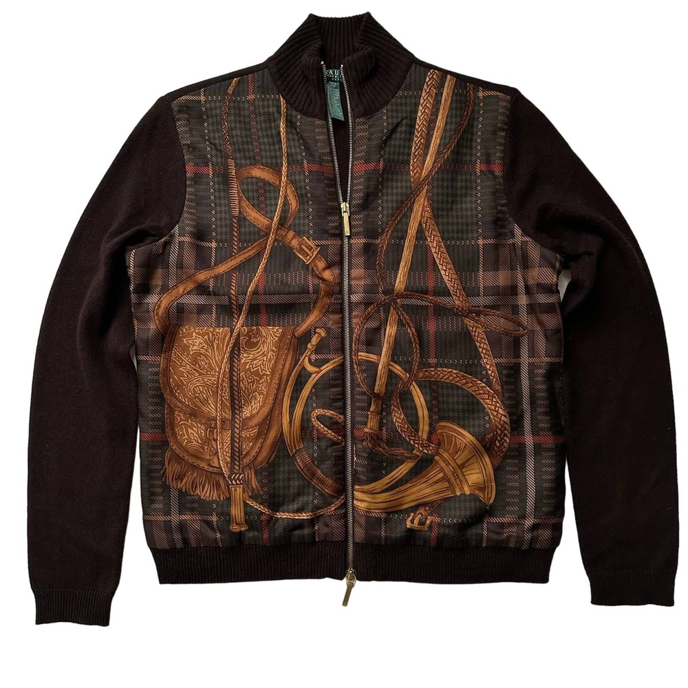 Lauren Ralph Lauren Brown Plaid Zip-Front Sweater Cardigan with Equestrian Print